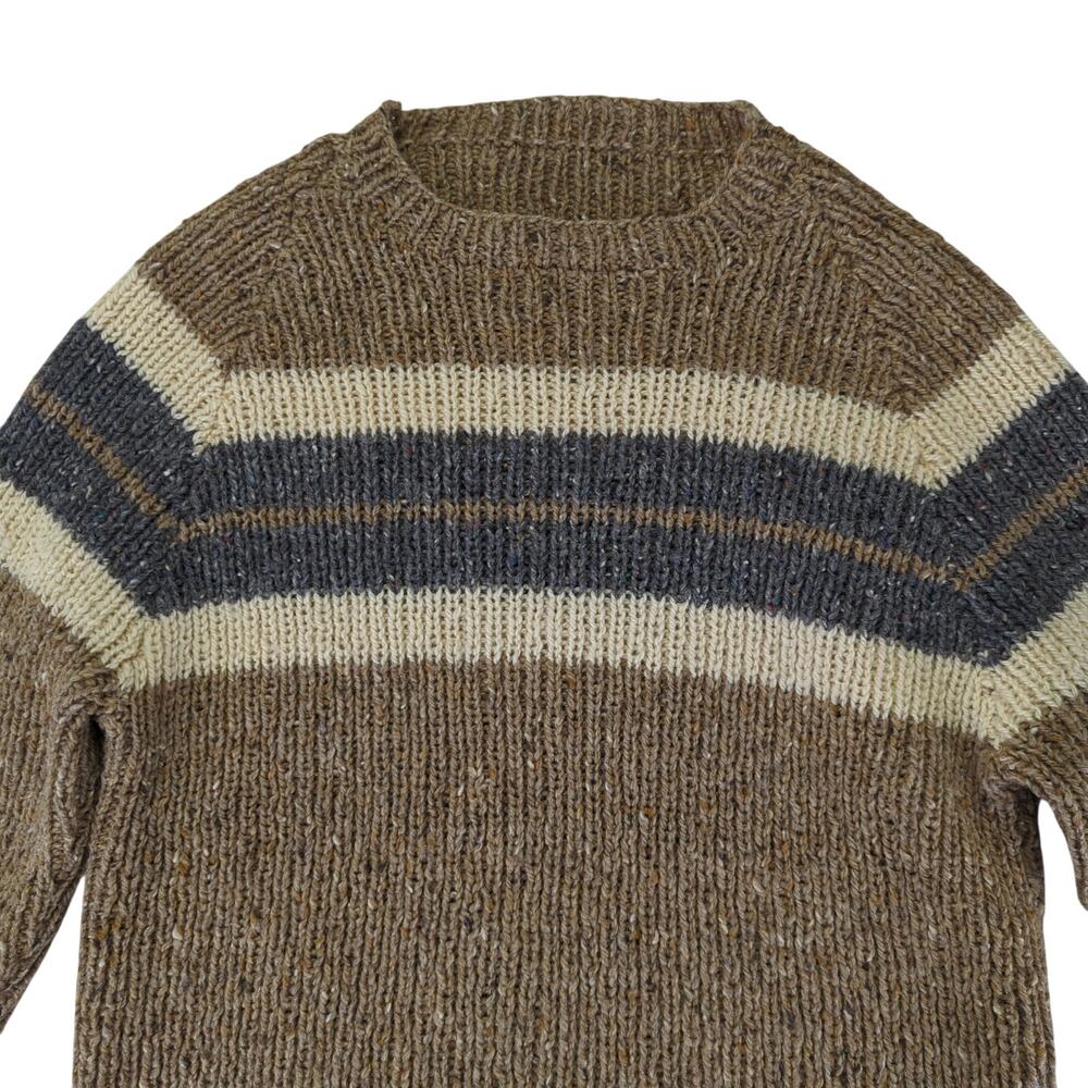 100% Wool Crewneck Sweater Knit Men's Size Large Brown Gray Stripe Grandpa - Picture 3 of 6